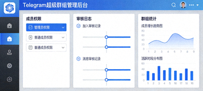Telegram超级群组管理后台 - 展示成员权限、审核日志和群组统计