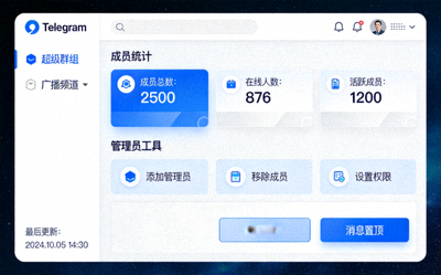 Telegram电脑版超级群组和广播频道管理面板 - 显示成员统计和管理员工具