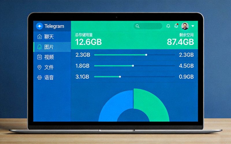 Telegram电脑版存储用量管理界面 - 展示按聊天和媒体类型分类的磁盘空间占用