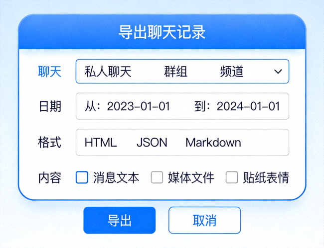 Telegram电脑版导出聊天历史记录对话框截图 - 展示格式和内容选项