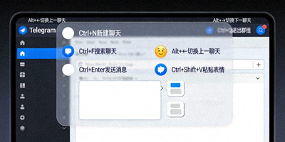 Telegram电脑版键盘快捷键提示覆盖在软件界面上的示意图 - 展示常用快捷键组合