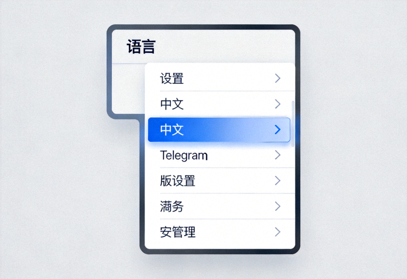 Telegram电脑版设置界面截图 - 显示语言选择下拉菜单，其中中文选项已高亮