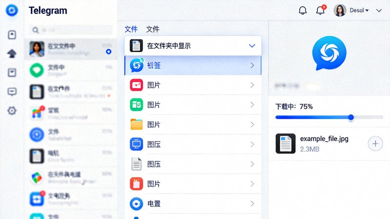 Telegram电脑版文件下载与管理界面 - 展示如何右键点击文件选择在文件夹中显示以及下载进度