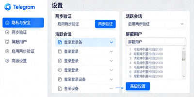 Telegram电脑版隐私与安全设置中心截图 - 展示两步验证、活跃会话、屏蔽用户等安全选项