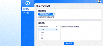 Telegram电脑版隐私与安全设置主界面截图 - 展示端到端加密和自毁消息选项