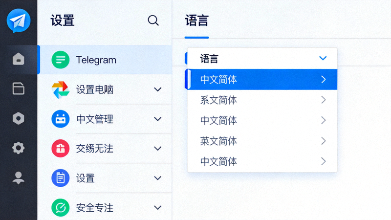 Telegram电脑版语言设置界面截图 - 展示如何从设置菜单中找到语言选项并选择中文简体