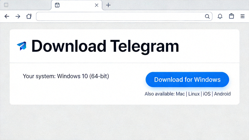 Telegram官方网站下载页面截图 - 显示下载按钮和系统检测结果