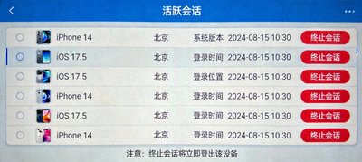 Telegram活跃会话管理页面截图 - 展示所有已登录设备列表和终止会话选项