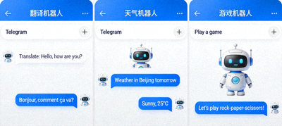 Telegram机器人集成示例 - 展示与翻译、天气、游戏机器人的对话