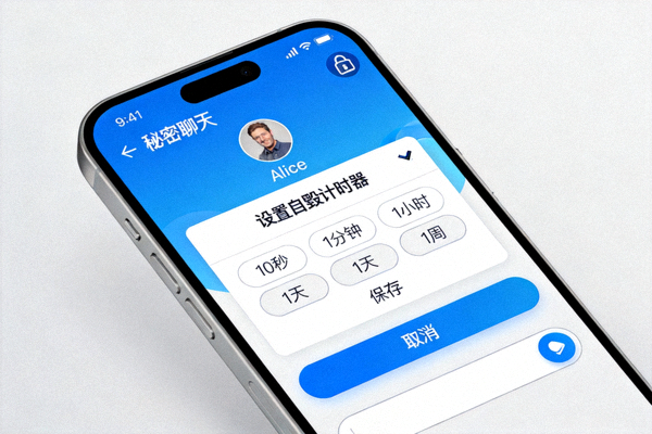 Telegram秘密聊天界面截图 - 显示自毁计时器设置菜单和端到端加密的锁形标识