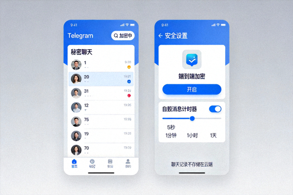 Telegram秘密聊天与安全设置界面 - 展示端到端加密和自毁消息计时器