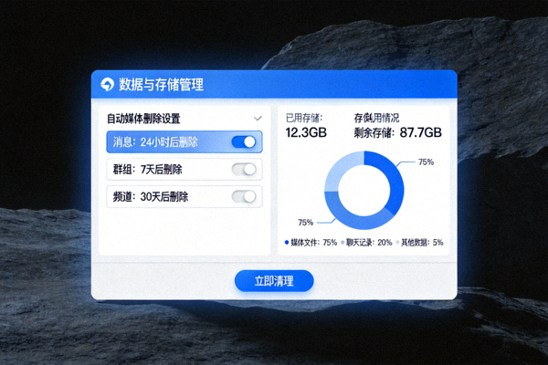 Telegram数据与存储管理页面截图 - 展示自动媒体删除设置和存储使用情况的统计图表