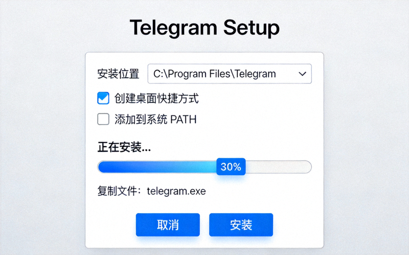Telegram Windows安装向导界面截图 - 显示安装选项和进度